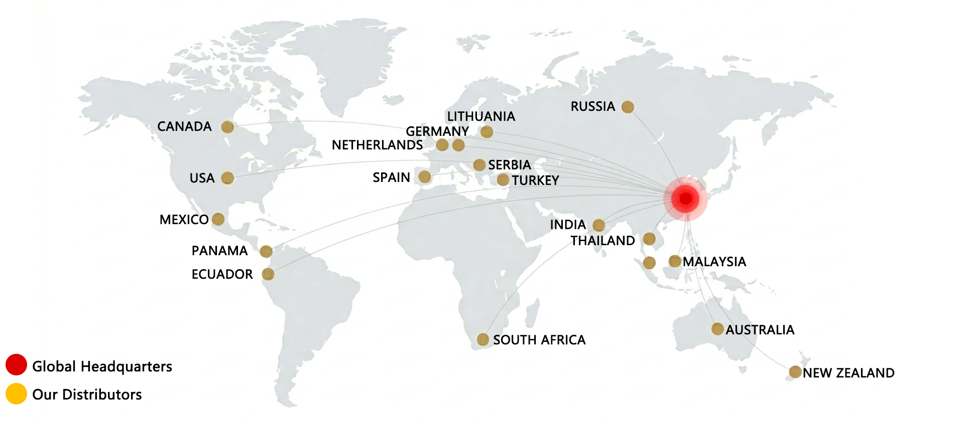 Global vending machine distributor network map, showing worldwide sales coverage from our headquarters in Jiangsu, China.
