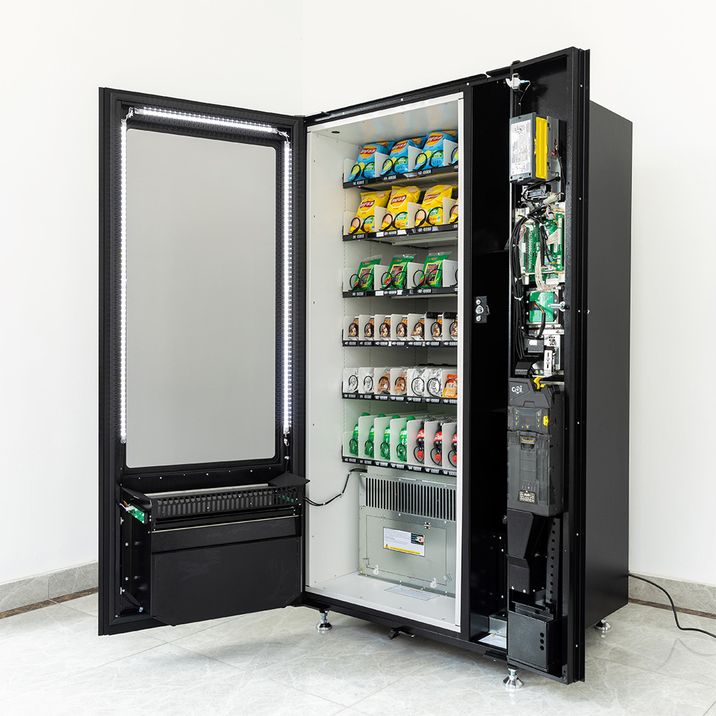 EC40 combo vending machine, open door view, internal snack beverage vending channels