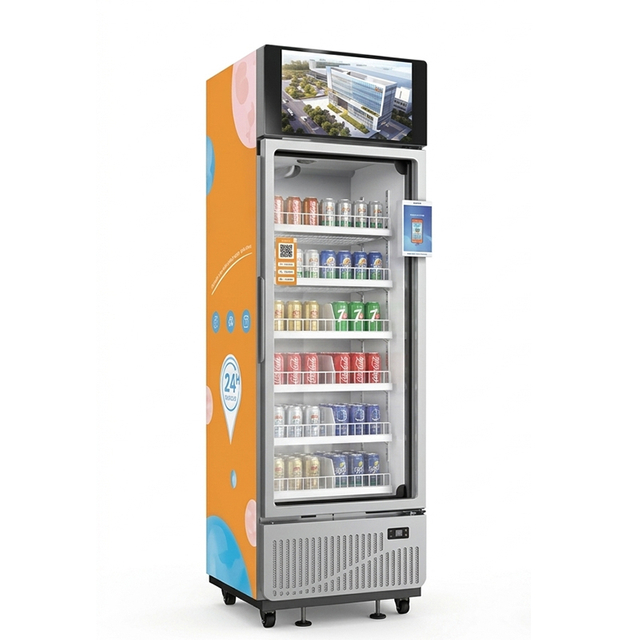 SJD-460D-P2F1V weight sensor visual AI smart vending machine front view, commercial cashless vending fridge