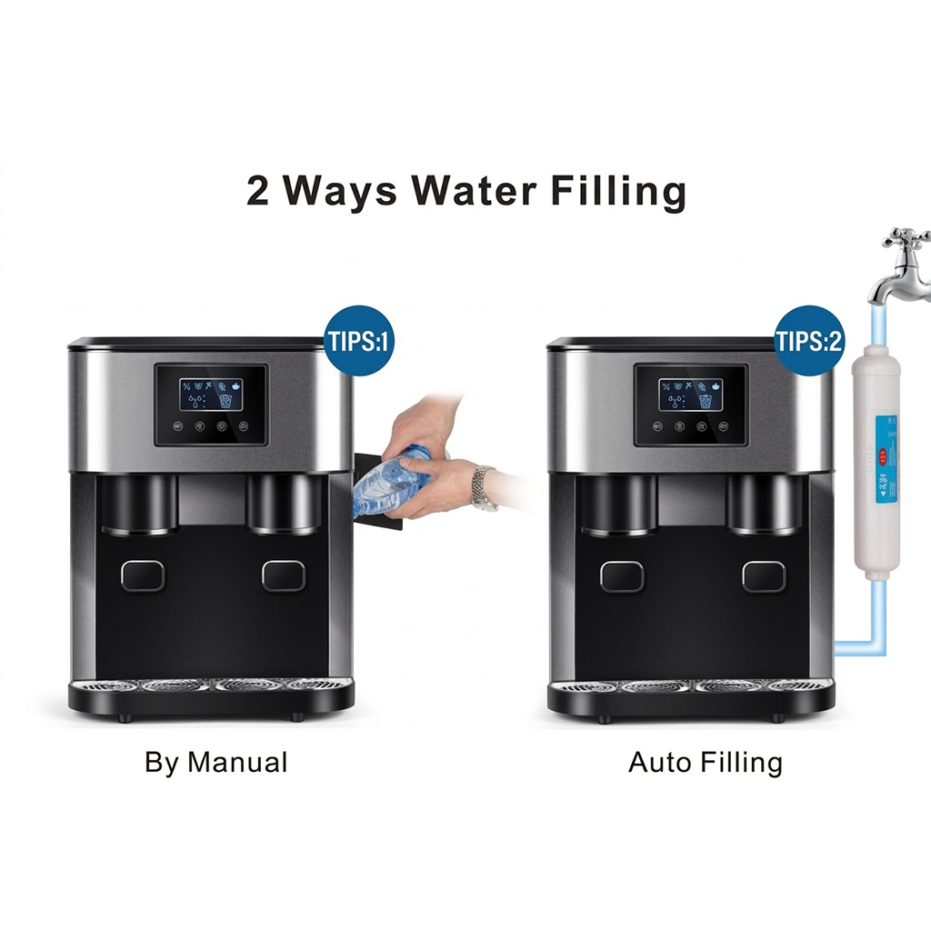 KIM15 ice maker 2 ways water filling: manual and auto tap connection