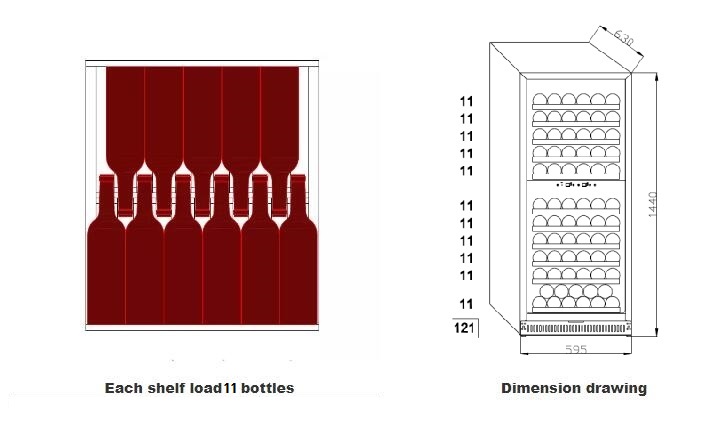 280UD Each shelf load 11 bottles Dimension drawing