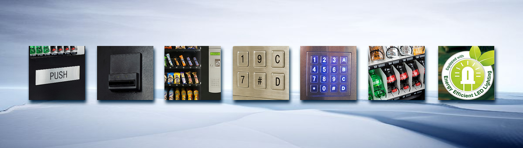 Automatic vending machine components banner: push door, card payment, snack/drink shelves, keypad, LED energy efficient lighting