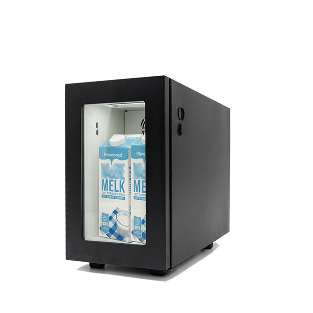 M10LS low-profile 9L milk cooler with glass door, compact and space-saving for coffee machines