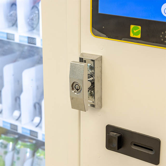 DV5000C10 combo vending machine door lock, control panel, and internal product trays view