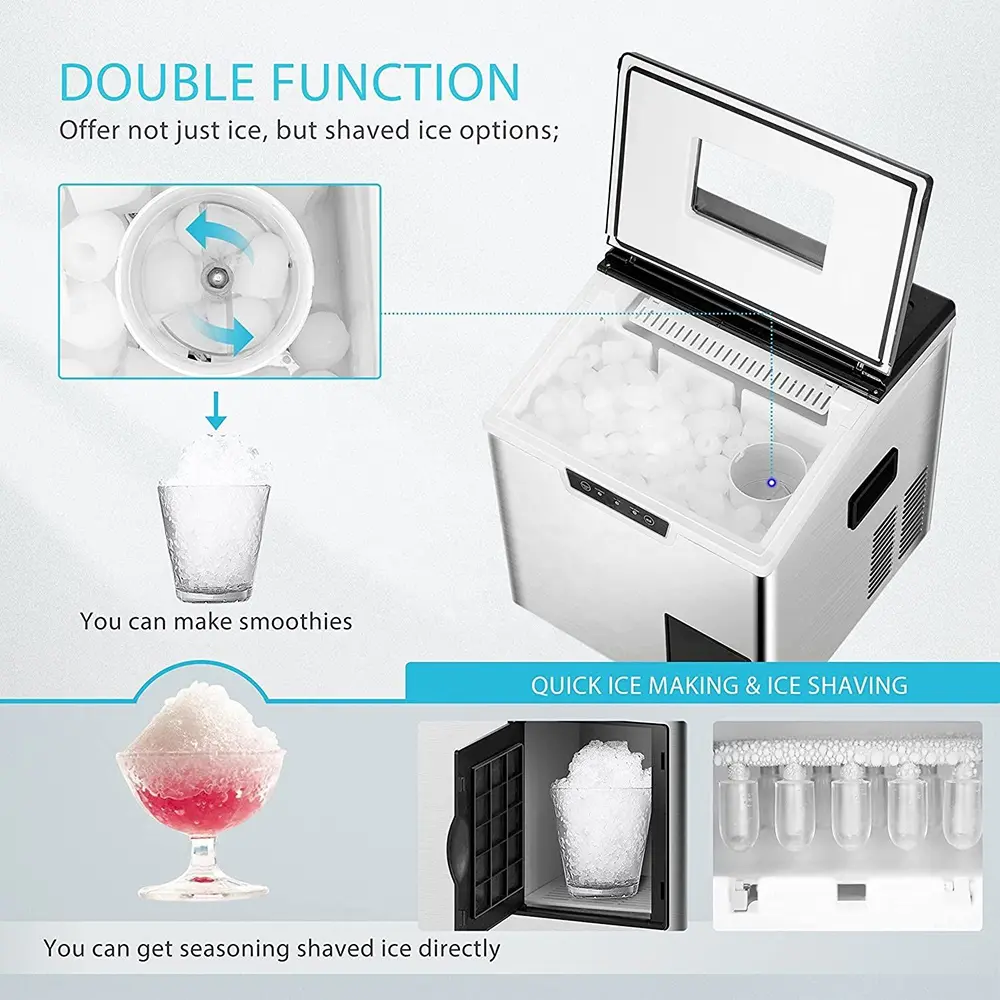 KIM20 Series 2-in-1 Ice Maker & Shaver, Double Function: Bullet Ice & Shaved Ice Production