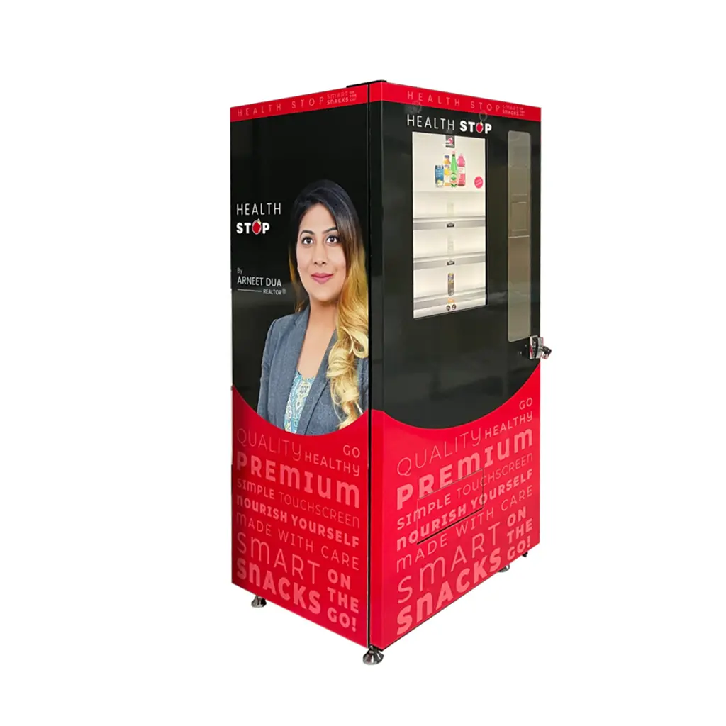 27-inch Touch Screen Vending Machine – Side View with Transparent Display Window and Premium Branding