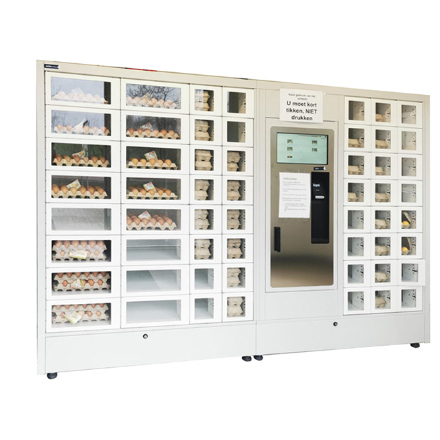 BV3000 smart locker vending machine with touch screen, stocked with fresh eggs and produce