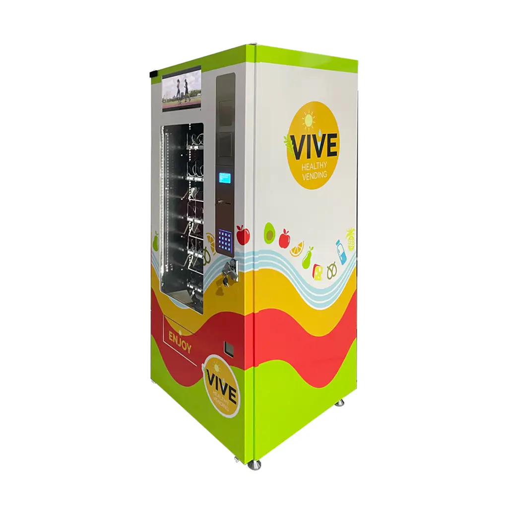 15-inch Top Screen Combo Vending Machine – Side View with Custom Exterior Branding and Multi-Payment Terminal